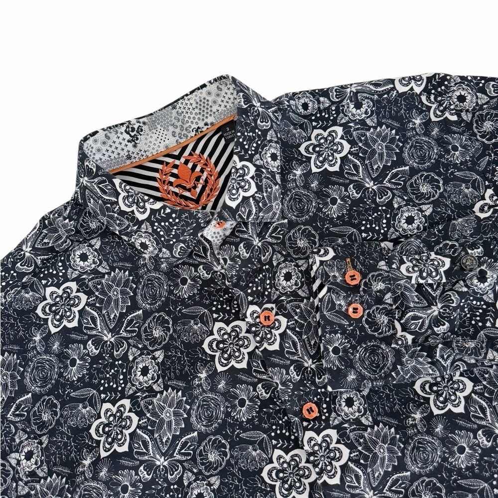 AU NOIR Black White Floral Button Up Shirt Designer Contrast Trim Long Sleeve M